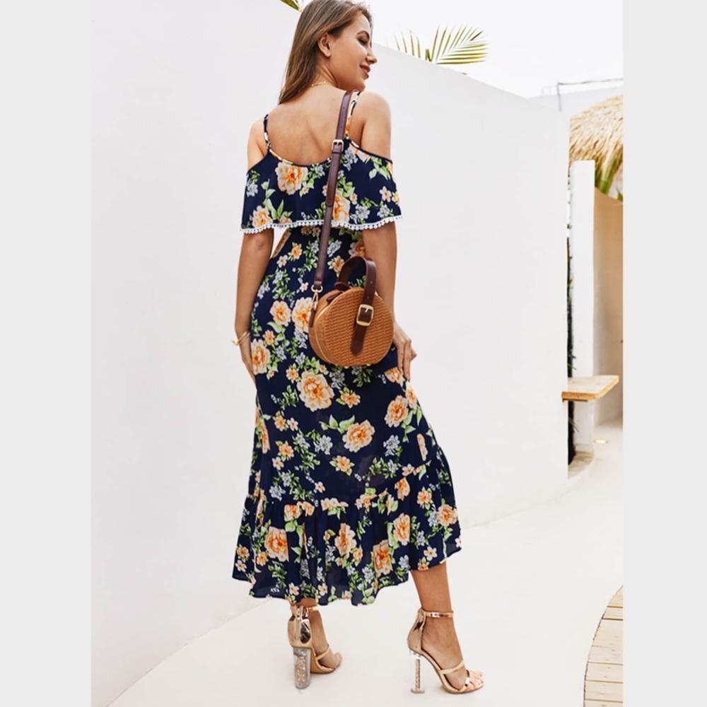 Navy Floral Cold Shoulder Ruffle Maxi Dress PomPom - Picture 3 of 8